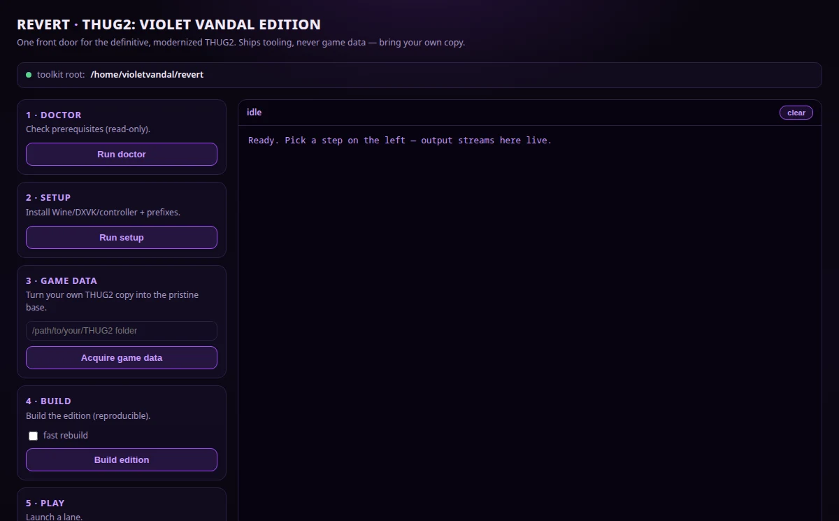 The Revert graphical installer — lifecycle steps on the left, a live output console on the right